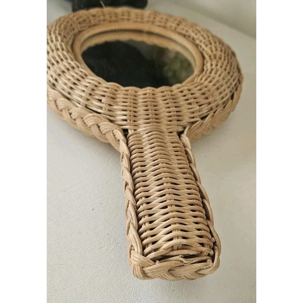 Wicker Rattan Hand Held Mirror Two Sided Vintage 1970's Woven/Braided